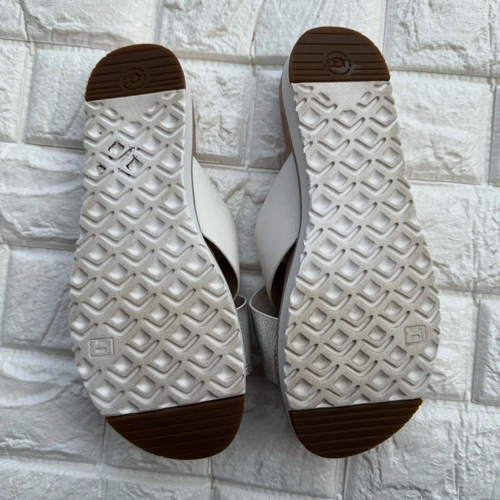 UGG Kari Silver and White Leather Cross-Strap Slide Sandals Size 8.5